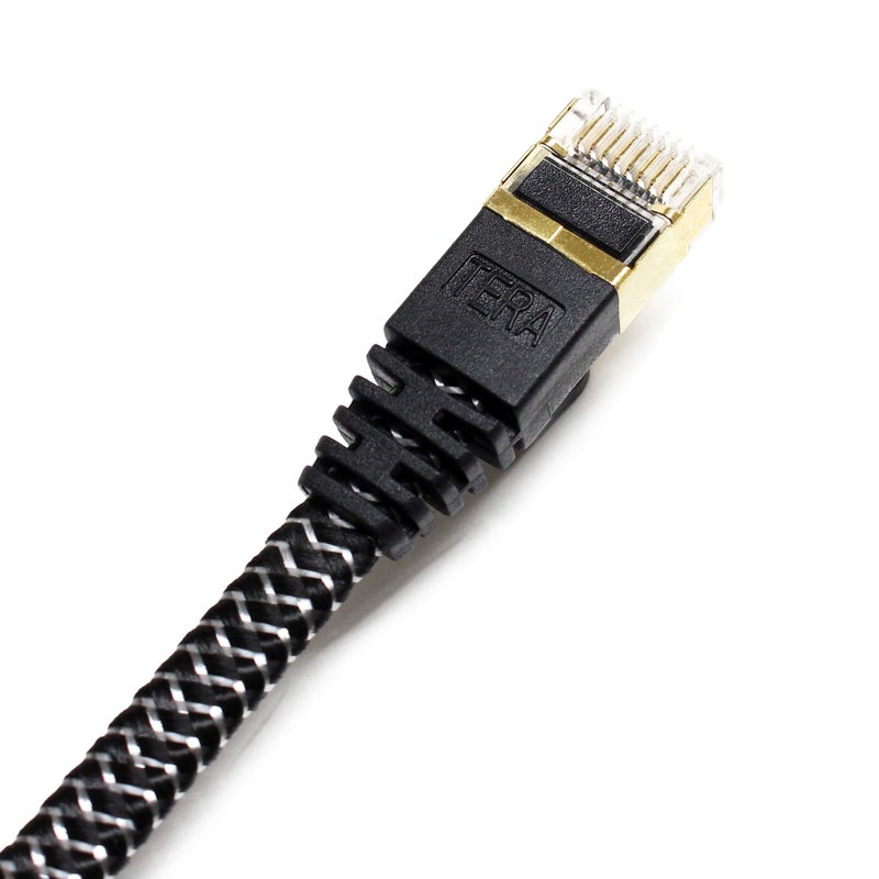 Tera Grand - 50FT - CAT7 10 Gigabit Ethernet Ultra Flat Patch Cable for Modem Router LAN Network - Braided Jacket, Gold Plated Shielded RJ45 Connectors, Faster Than CAT6a CAT6 CAT5e, Black & White - Image 2